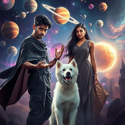 A stunning cinematic fantasy film poster showcasing a 27-year-old Indian man with a dark complexion and short hair, clad in a flowing black shrug and black cargo pants, as he skillfully performs dark magic