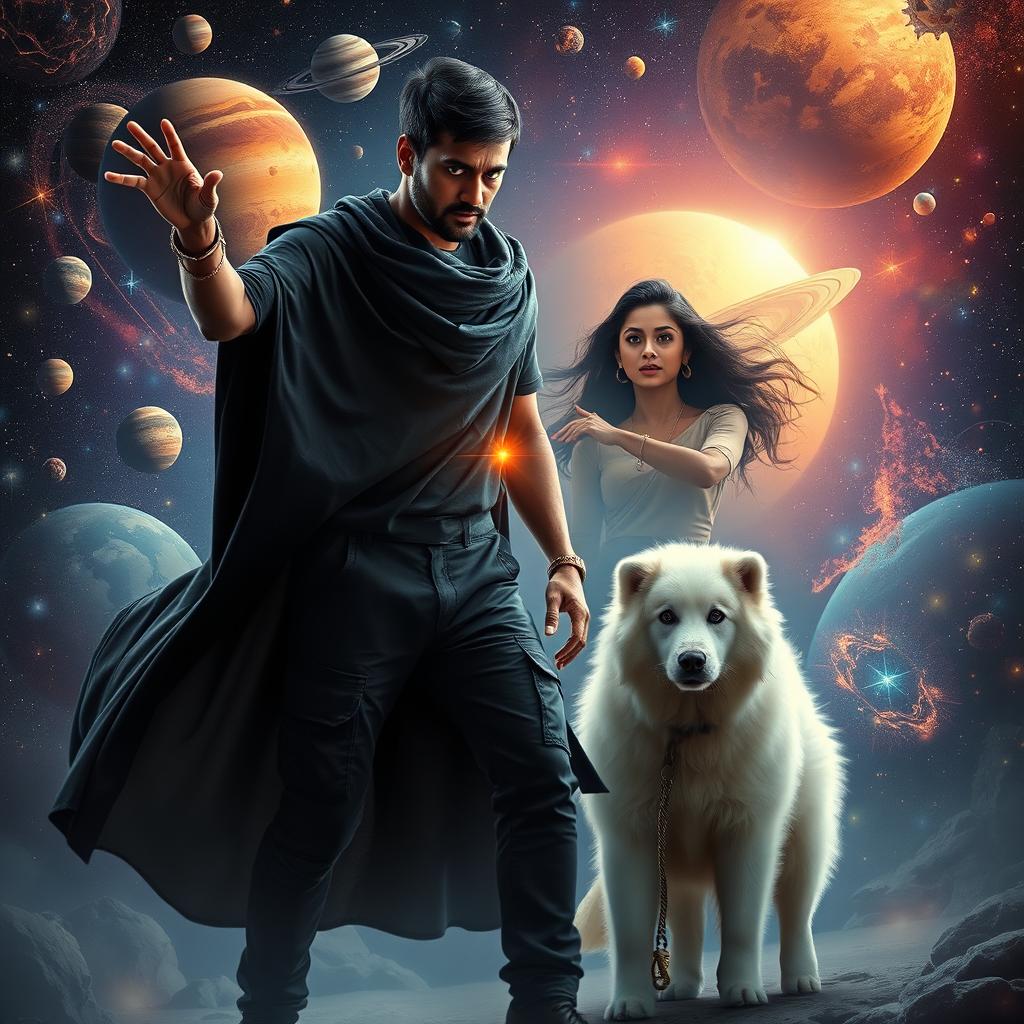 A stunning cinematic fantasy film poster showcasing a 27-year-old Indian man with a dark complexion and short hair, clad in a flowing black shrug and black cargo pants, as he skillfully performs dark magic