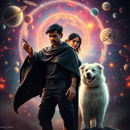 A stunning cinematic fantasy film poster showcasing a 27-year-old Indian man with a dark complexion and short hair, clad in a flowing black shrug and black cargo pants, as he skillfully performs dark magic