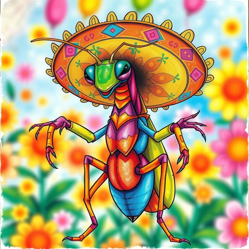 A male insect humanoid character, drawn in full color by hand, featuring a vibrant mantis-style head with a joyful expression