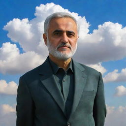 Kassem Soleimani in a heavenly setting, surrounded by fluffy, glowing white clouds and a serene blue sky.