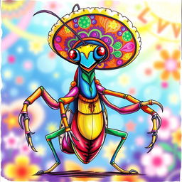 A male insect humanoid character, drawn in full color by hand, featuring a vibrant mantis-style head with a joyful expression