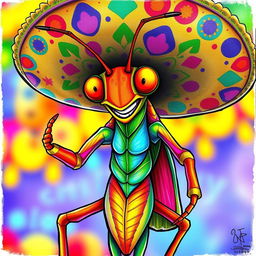 A male insect humanoid character, drawn in full color by hand, featuring a vibrant mantis-style head with a joyful expression