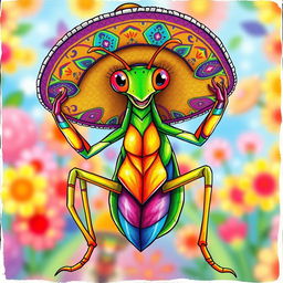 A male insect humanoid character, drawn in full color by hand, featuring a vibrant mantis-style head with a joyful expression