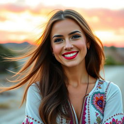 A vibrant and eye-catching profile picture of a confident woman with long flowing brown hair, wearing a stylish and colorful bohemian-inspired top