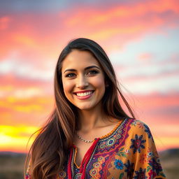 A vibrant and eye-catching profile picture of a confident woman with long flowing brown hair, wearing a stylish and colorful bohemian-inspired top