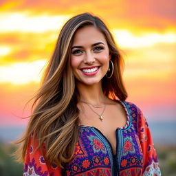 A vibrant and eye-catching profile picture of a confident woman with long flowing brown hair, wearing a stylish and colorful bohemian-inspired top