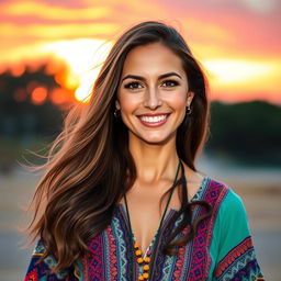 A vibrant and eye-catching profile picture of a confident woman with long flowing brown hair, wearing a stylish and colorful bohemian-inspired top