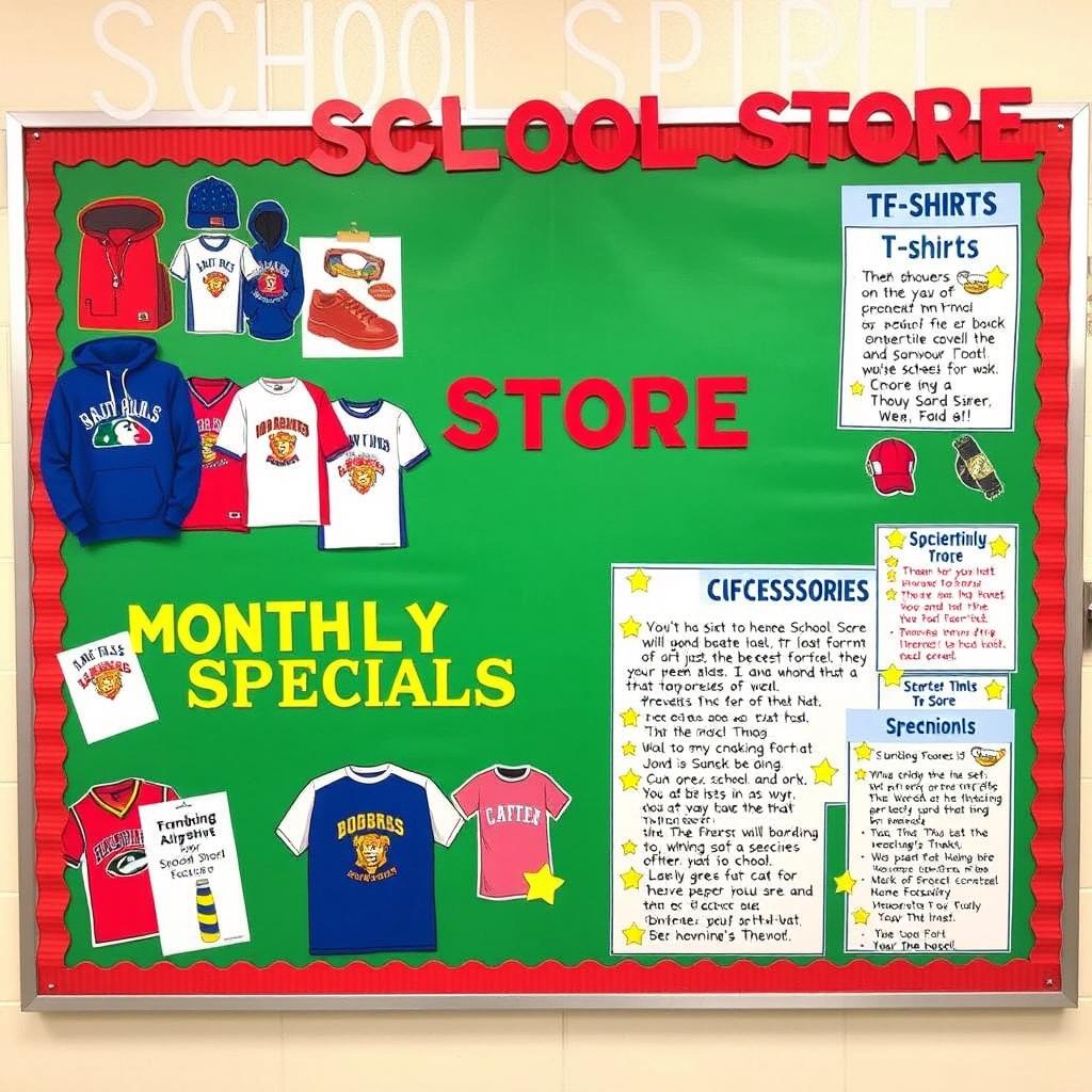 A vibrant and engaging bulletin board design for a school store, featuring sections dedicated to showcasing school spirit merchandise such as hoodies, t-shirts, and accessories