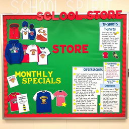 A vibrant and engaging bulletin board design for a school store, featuring sections dedicated to showcasing school spirit merchandise such as hoodies, t-shirts, and accessories