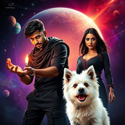 A cinematic fantasy film poster featuring a 27-year-old Indian man with a dark complexion and short hair, wearing a black shrug and black cargo pants, engaged in performing black magic