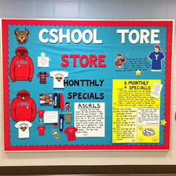 A vibrant and engaging bulletin board design for a school store, featuring sections dedicated to showcasing school spirit merchandise such as hoodies, t-shirts, and accessories