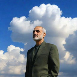 Kassem Soleimani in a heavenly setting, surrounded by fluffy, glowing white clouds and a serene blue sky.