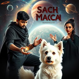 A cinematic fantasy film poster featuring a 27-year-old Indian man with a dark complexion and short hair, wearing a black shrug and black cargo pants, engaged in performing black magic