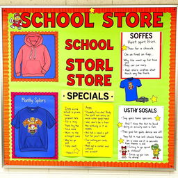 A vibrant and engaging bulletin board design for a school store, featuring sections dedicated to showcasing school spirit merchandise such as hoodies, t-shirts, and accessories