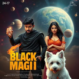 A cinematic fantasy film poster featuring a 27-year-old Indian man with a dark complexion and short hair, wearing a black shrug and black cargo pants, engaged in performing black magic