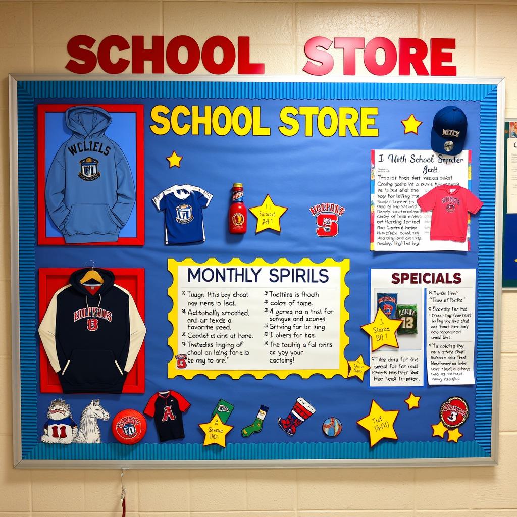 A vibrant and engaging bulletin board design for a school store, featuring sections dedicated to showcasing school spirit merchandise such as hoodies, t-shirts, and accessories