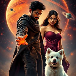 A cinematic fantasy film poster featuring a 27-year-old Indian man with a dark complexion and short hair, wearing a black shrug and black cargo pants, engaged in performing black magic