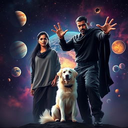 A cinematic fantasy film poster featuring a 27-year-old Indian man with a dark complexion and short hair, dressed in a black shrug and black cargo pants, casting powerful black magic