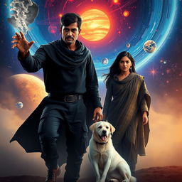 A cinematic fantasy film poster featuring a 27-year-old Indian man with a dark complexion and short hair, dressed in a black shrug and black cargo pants, casting powerful black magic