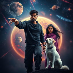 A cinematic fantasy film poster featuring a 27-year-old Indian man with a dark complexion and short hair, dressed in a black shrug and black cargo pants, casting powerful black magic