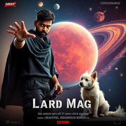 A cinematic fantasy film poster featuring a 27-year-old Indian man with a dark complexion and short hair, dressed in a black shrug and black cargo pants, casting powerful black magic