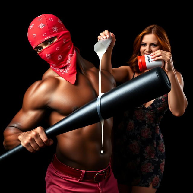 A muscular African American man in a close-up torso shot, wearing a red bandana mask over his face, confidently holding a large black baseball bat at a low angle