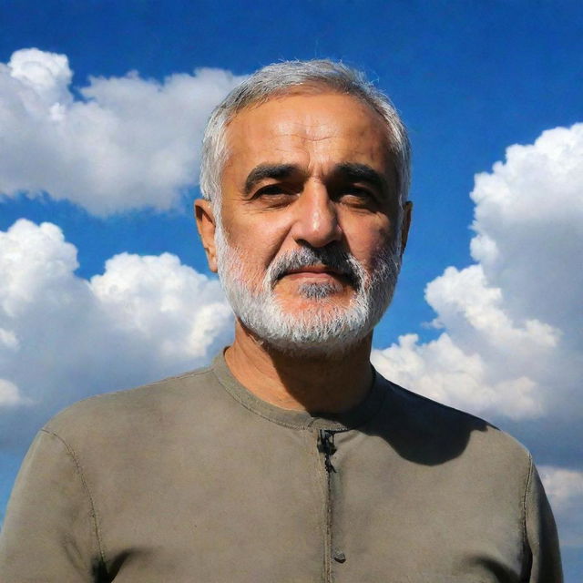 Kassem Soleimani in a heavenly setting, surrounded by fluffy, glowing white clouds and a serene blue sky.