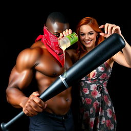 A muscular African American man in a close-up torso shot, wearing a red bandana mask over his face, confidently holding a large black baseball bat at a low angle