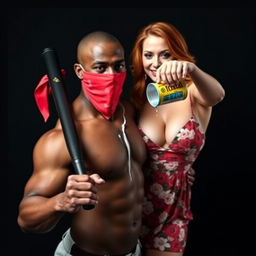 A muscular African American man in a close-up torso shot, wearing a red bandana mask over his face, confidently holding a large black baseball bat at a low angle