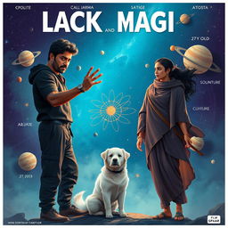 A cinematic fantasy film poster showcasing a 27-year-old Indian man with a dark complexion and short hair, dressed in a stylish black shrug and black cargo pants while casting black magic