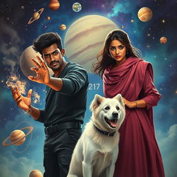 A cinematic fantasy film poster showcasing a 27-year-old Indian man with a dark complexion and short hair, dressed in a stylish black shrug and black cargo pants while casting black magic