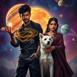 A cinematic fantasy film poster showcasing a 27-year-old Indian man with a dark complexion and short hair, dressed in a stylish black shrug and black cargo pants while casting black magic