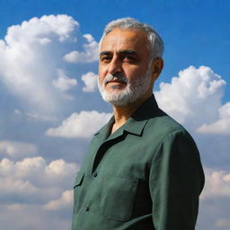 Kassem Soleimani in a heavenly setting, surrounded by fluffy, glowing white clouds and a serene blue sky.