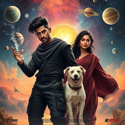 A cinematic fantasy film poster showcasing a 27-year-old Indian man with a dark complexion and short hair, dressed in a stylish black shrug and black cargo pants while casting black magic