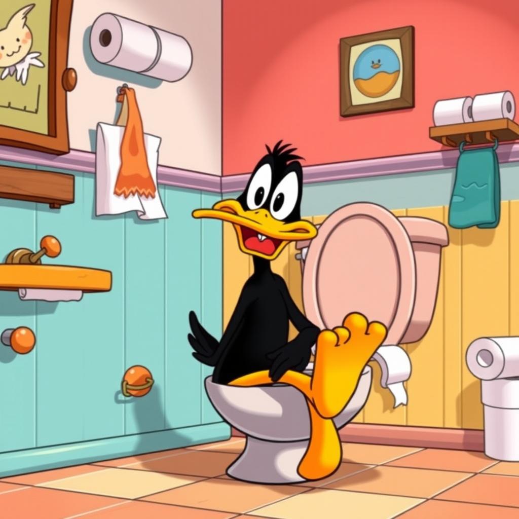 A humorous cartoon scene featuring Daffy Duck in a comical and exaggerated pose, sitting on a toilet with a surprised expression, exaggerated cartoon-style elements, colorful bathroom setting with classic cartoon decor, rolls of toilet paper, and a playful atmosphere