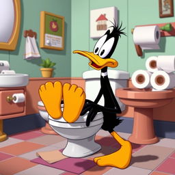 A humorous cartoon scene featuring Daffy Duck in a comical and exaggerated pose, sitting on a toilet with a surprised expression, exaggerated cartoon-style elements, colorful bathroom setting with classic cartoon decor, rolls of toilet paper, and a playful atmosphere