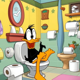 A humorous cartoon scene featuring Daffy Duck in a comical and exaggerated pose, sitting on a toilet with a surprised expression, exaggerated cartoon-style elements, colorful bathroom setting with classic cartoon decor, rolls of toilet paper, and a playful atmosphere