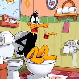 A humorous cartoon scene featuring Daffy Duck in a comical and exaggerated pose, sitting on a toilet with a surprised expression, exaggerated cartoon-style elements, colorful bathroom setting with classic cartoon decor, rolls of toilet paper, and a playful atmosphere