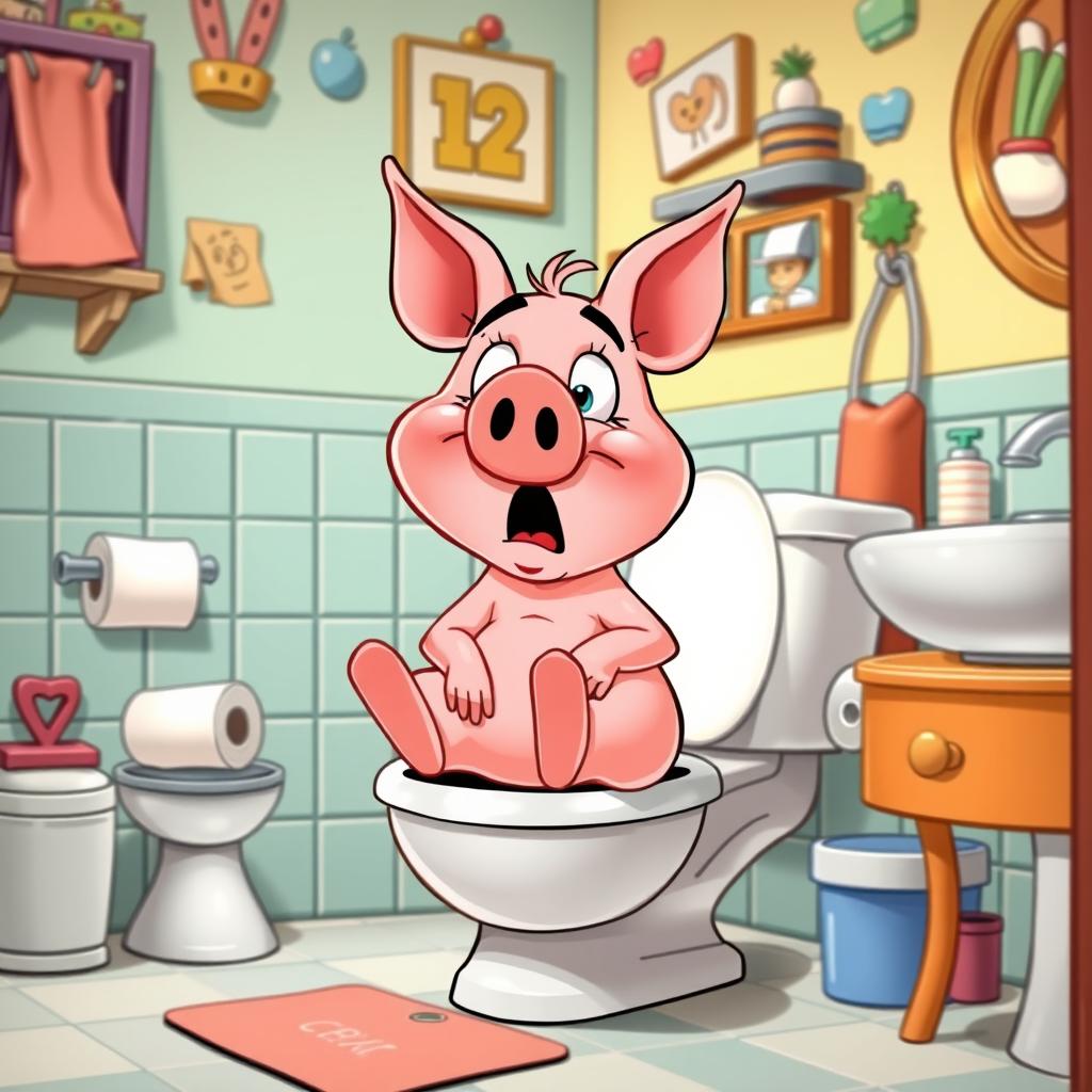 A humorous cartoon scene featuring Porky Pig in a comical and exaggerated pose, sitting on a toilet with a surprised and awkward expression