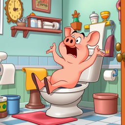 A humorous cartoon scene featuring Porky Pig in a comical and exaggerated pose, sitting on a toilet with a surprised and awkward expression