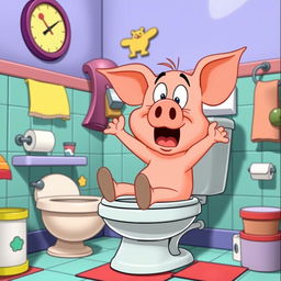 A humorous cartoon scene featuring Porky Pig in a comical and exaggerated pose, sitting on a toilet with a surprised and awkward expression