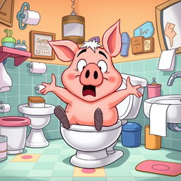 A humorous cartoon scene featuring Porky Pig in a comical and exaggerated pose, sitting on a toilet with a surprised and awkward expression