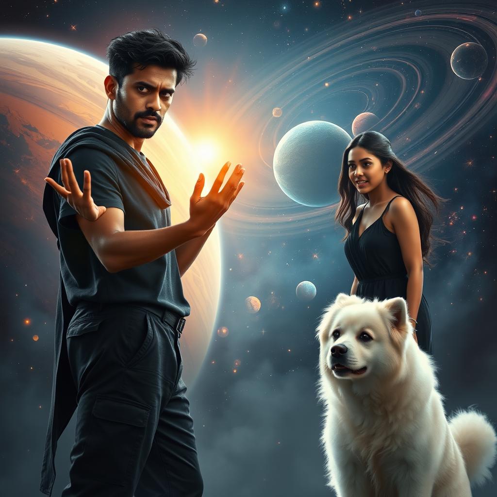 A cinematic magical fantasy film poster featuring a 27-year-old Indian man with a dark complexion and short hair, wearing a black shrug and black cargo pants, performing black magic