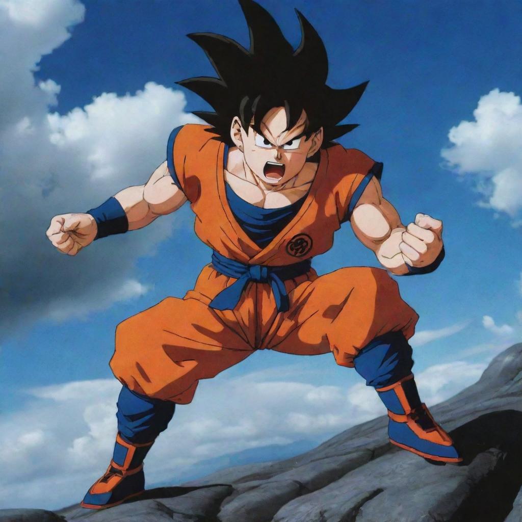 A dramatic scene where Goku, the beloved character, falls as an unknown villain strikes. Emotion is heavy in the air as our explorer watches on in shock and horror.