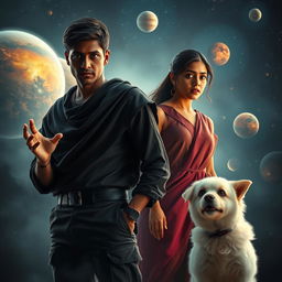 A cinematic magical fantasy film poster featuring a 27-year-old Indian man with a dark complexion and short hair, wearing a black shrug and black cargo pants, performing black magic