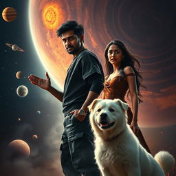 A cinematic magical fantasy film poster featuring a 27-year-old Indian man with a dark complexion and short hair, wearing a black shrug and black cargo pants, performing black magic