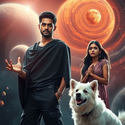 A cinematic magical fantasy film poster featuring a 27-year-old Indian man with a dark complexion and short hair, wearing a black shrug and black cargo pants, performing black magic