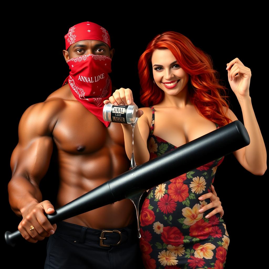 A close-up torso shot featuring two characters: a muscular African American man wearing a red bandana as a mask over his face, confidently holding a large black baseball bat low