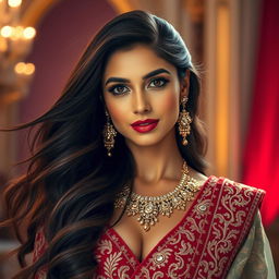 A stunning portrait of an elegant woman resembling Deepika Padukone, featuring her striking features and long, flowing hair